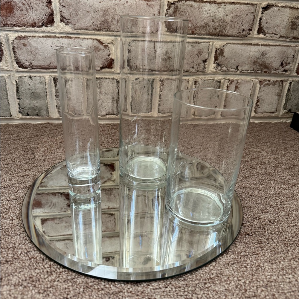 Set of Three Cylinder Clear Glass Vases and Round 12” Mirror